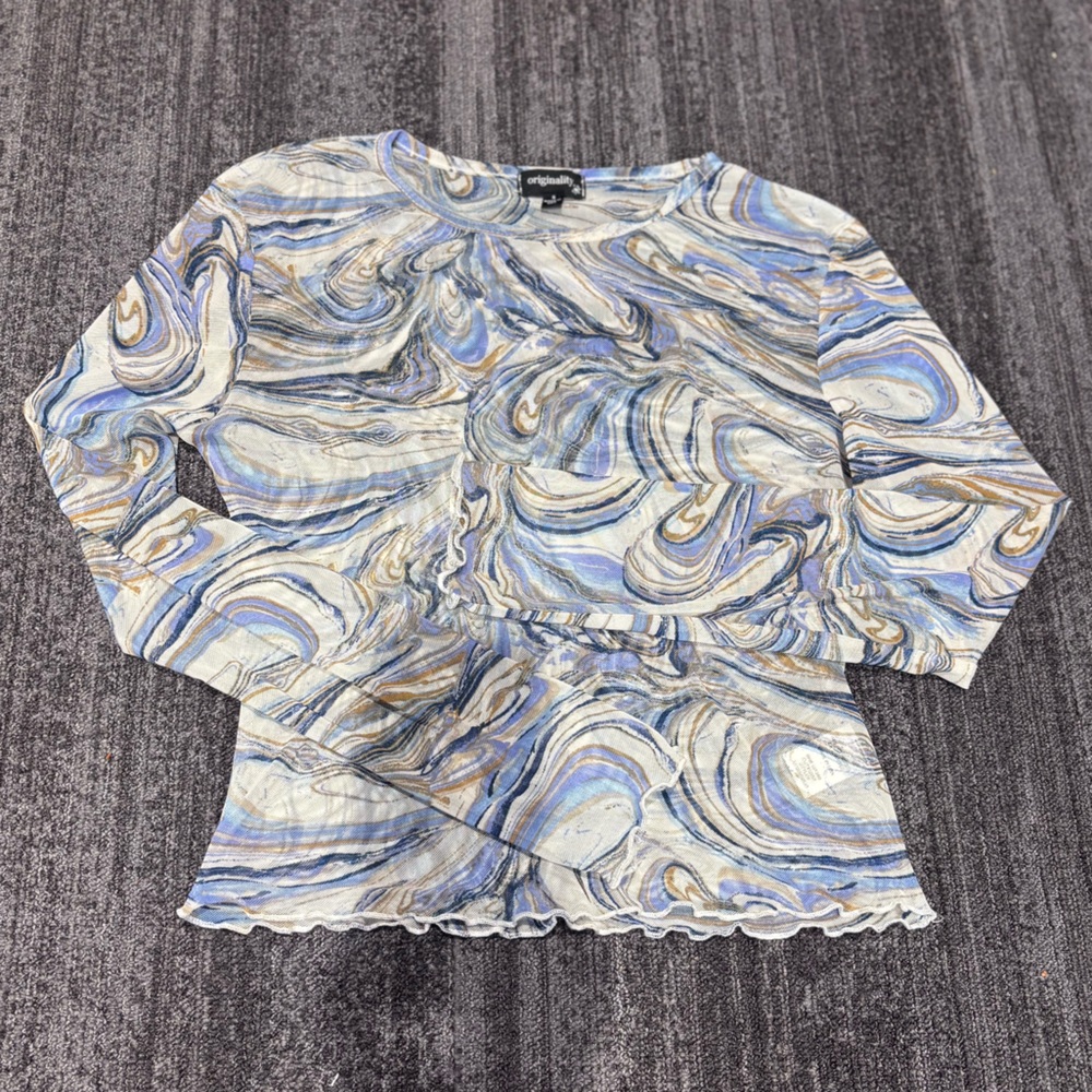 Swirled Blue and Gray Mesh Long-sleeve Top